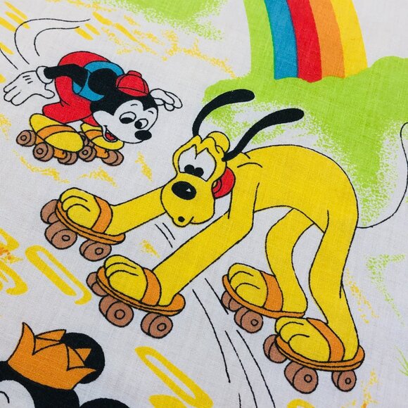 Vintage Mickey Minnie Mouse Friends Roller Skating TWIN Bed FLAT Top Sheet - Picture 8 of 12